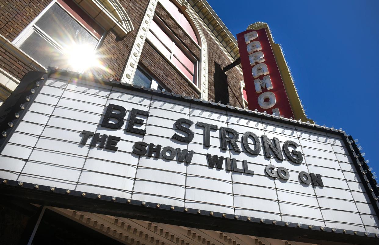 The Paramount Theatre marquee displays a message of encouragement Thursday, April 30, 2020, in downtown St. Cloud. 