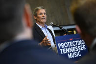 Tennessee Governor Bill Lee speaks during a news conference at RCA Records Wednesday, Jan. 10, 2024, in Nashville, Tenn., as he unveiled new legislation designed to protect songwriters, performers and other music industry professionals against the potential dangers of artificial intelligence. (AP Photo/John Amis)