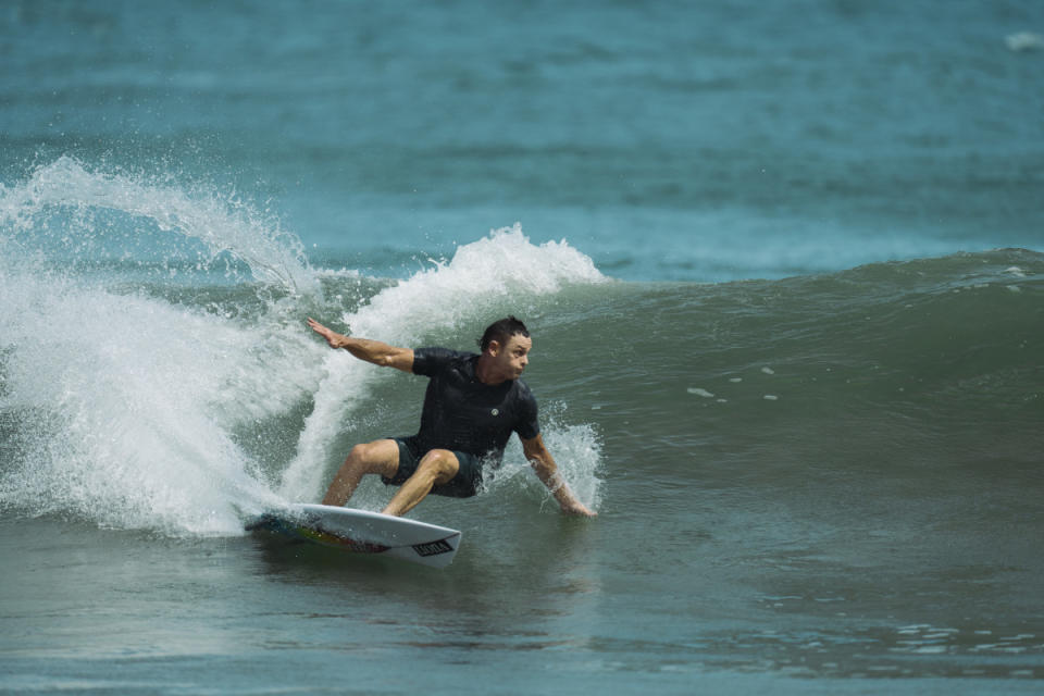 Hard on rail, never gets old. Taylor, testing <a href="https://vuoriclothing.com/products/knox-boardshort-bronze" rel="nofollow noopener" target="_blank" data-ylk="slk:boardshorts;elm:context_link;itc:0;sec:content-canvas" class="link ">boardshorts</a> in Mexico.<p>Photo: Vuori</p>