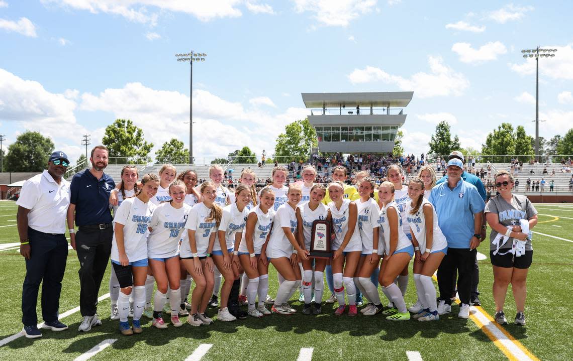 Chapin players stand with their trophy following their loss to Clover in the SCHSL Class 5A Girls Soccer State Final at Memorial Stadium in Columbia on Friday, May 10, 2024.