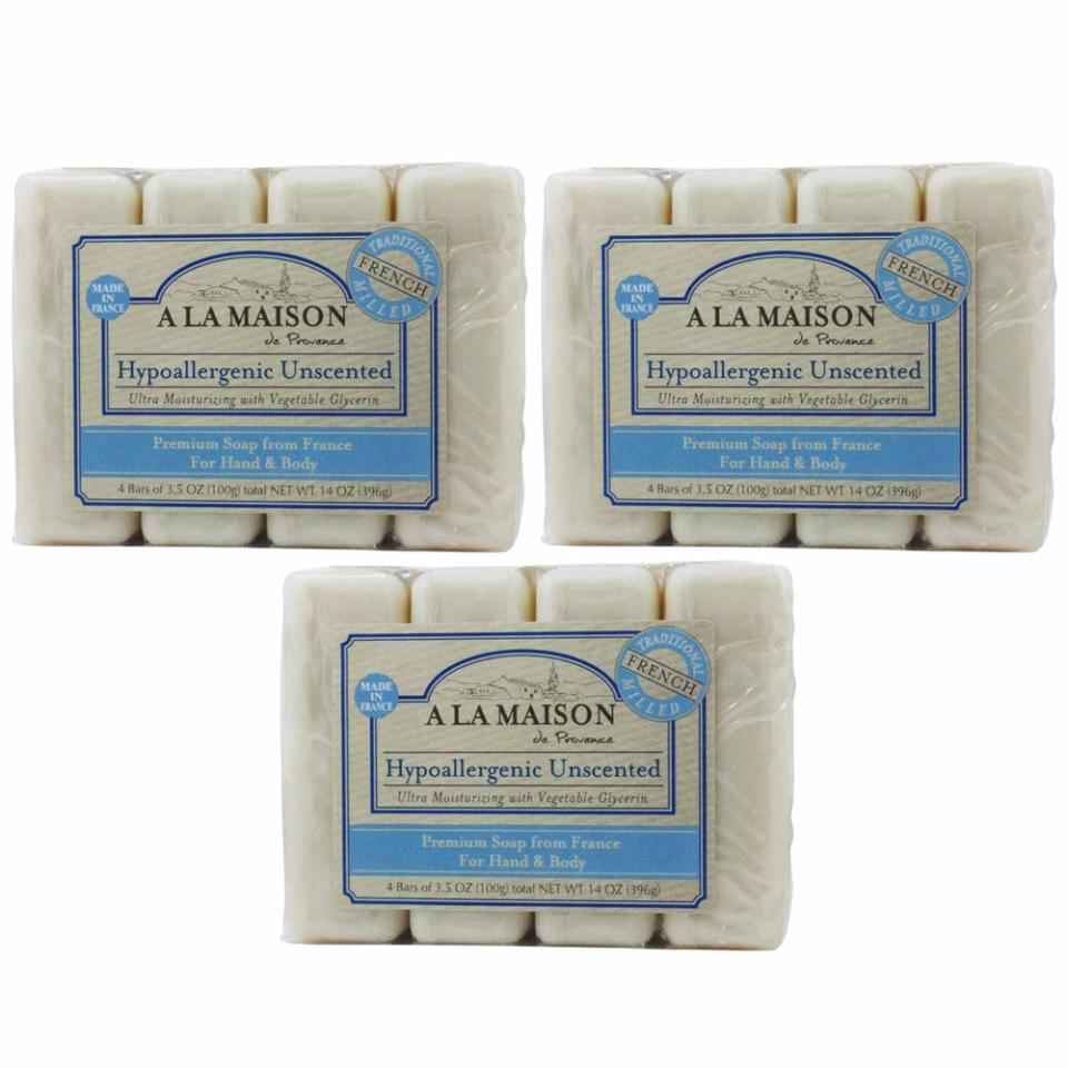 Three packages of A La Maison Hypoallergenic Unscented Bar Soap