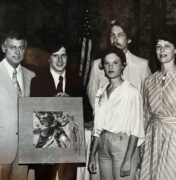 Mayor Randy Tyree, Chip Carter, Diane Tunkel Hanson and Marylyn Bullock, front from left, and Dan Alvis, in back, in May 1979. Bullock and Alvis represented the Knoxville Arts Council when a 30-by-30-inch batik framed with a silk mat, made by textile artist Hanson, was presented to Carter as an official gift from the city of Knoxville. Carter, son of Rosalynn and then-President Jimmy Carter, came to visit Knoxville on their behalf.