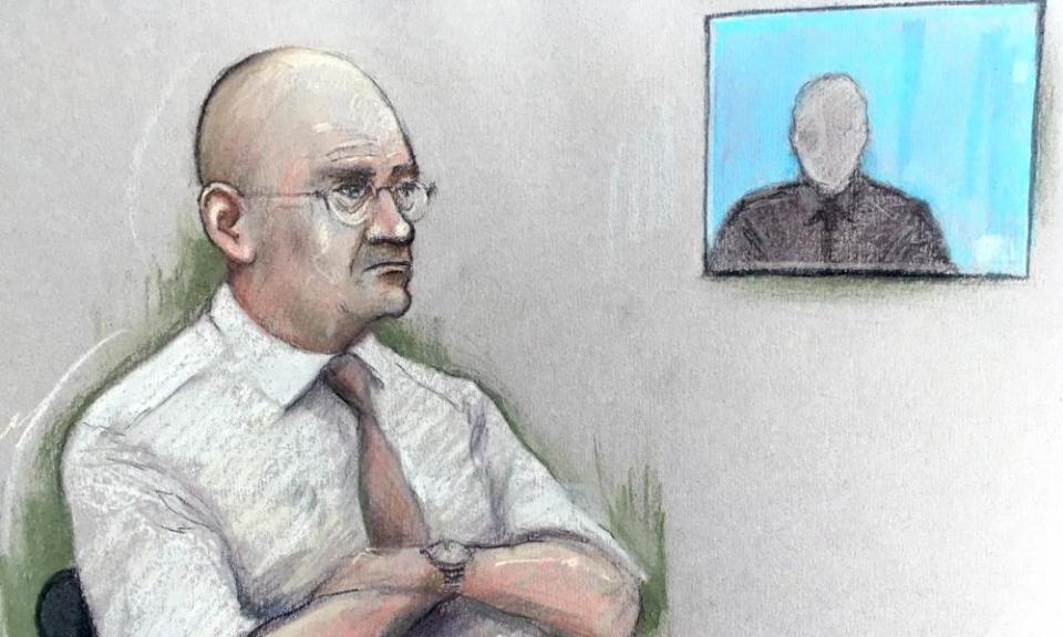 Court artist sketch of Bob Higgins watching a witness interview. He has been accused of indecent assault by 24 complainants.