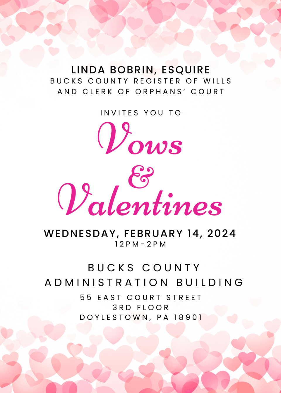 Bucks County Administration will marry Bucks County couples for free on Valentine's Day 2024.
