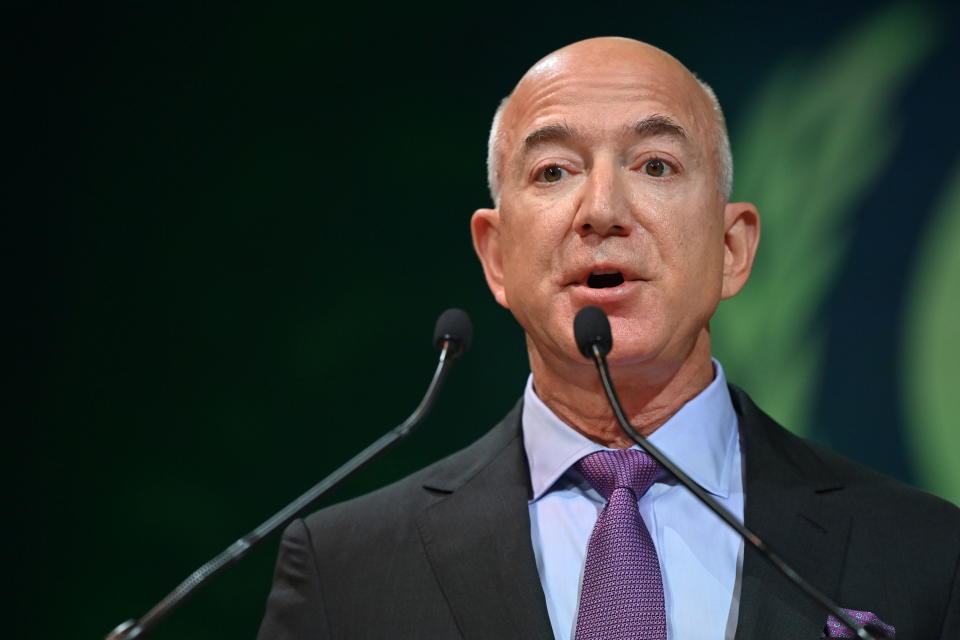 Amazon CEO Jeff Bezos speaks during the UN Climate Change Conference (COP26) in Glasgow, Scotland, Britain, November 2, 2021. Paul Ellis/Pool via REUTERS