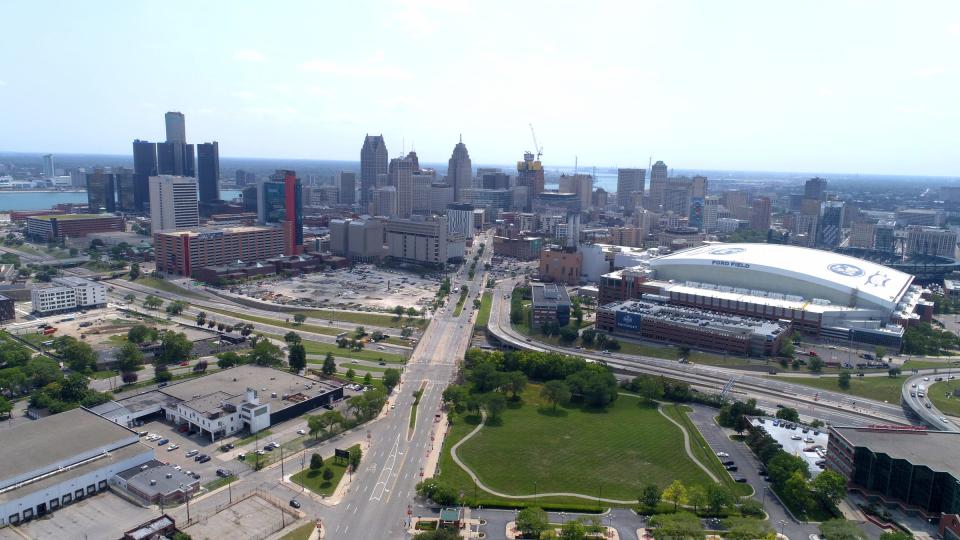 An aerial of downtown Detroit as seen from the Eastern Market area on Tuesday, July 11, 2023.