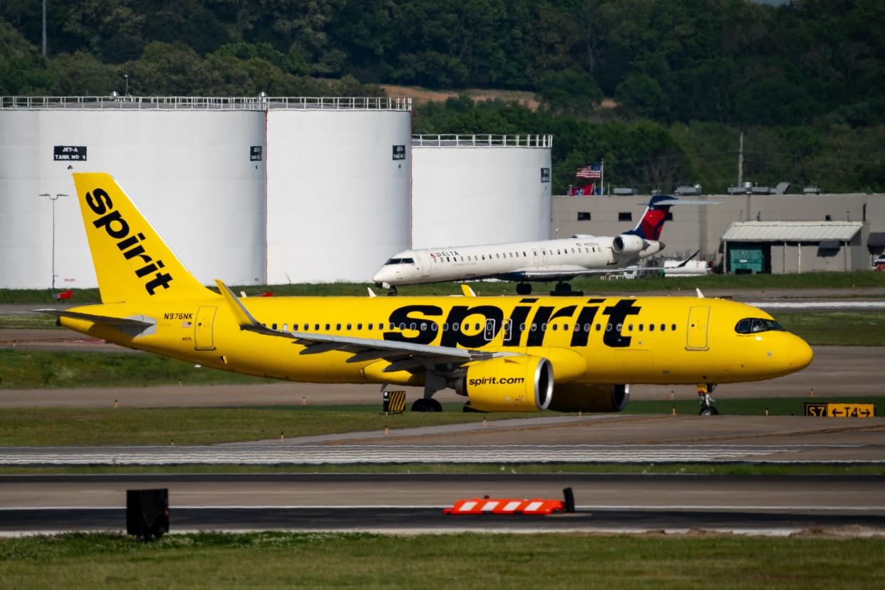 Spirit and Delta Airlines flights taxi at Nashville International Airport in Nashville, Tenn., Tuesday, April 23, 2024.