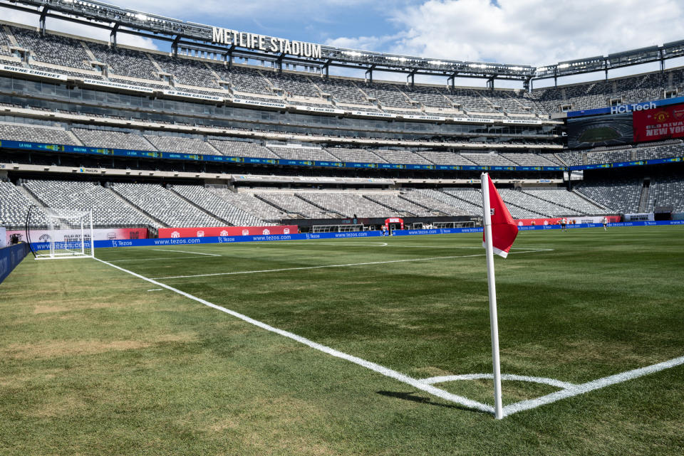 EAST RUTHERFORD, NEW JERSEY - JULY 22: A general view of the MetLife Stadium the home of NFL teams the New York Giants and Jets ahead of the USA summer friendly game between Arsenal and Manchester United at MetLife Stadium on July 22, 2023 in East Rutherford, New Jersey. (Photo by Matthew Ashton - AMA/Getty Images)