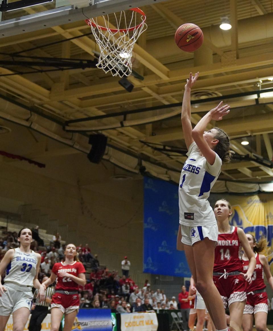 Millbrook's Hudson Heitmann (1) puts up a shot during their 59-45 win over Randolph in the girls NYSPHSAA Class C championship game at Hudson Valley Community College in Troy, on Sunday, March 19, 2023.