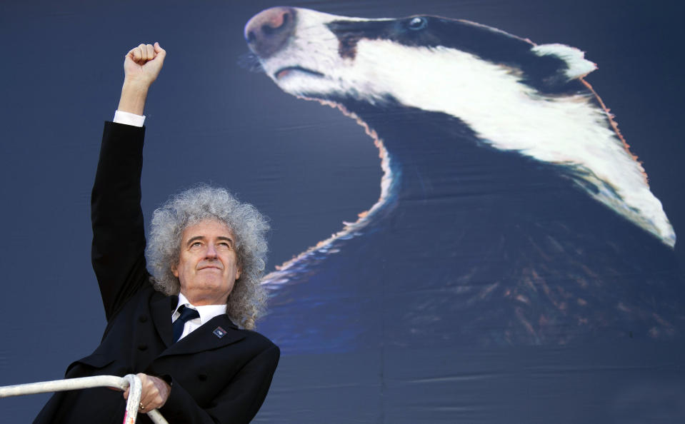 CORRECTS SPELLING OF GESTURES British musician Brian May gestures as he stands on a cherry picker to launch the national Team Badger campaign, in front of a giant billboard, on Cromwell road, west London, Wednesday, Sept. 19, 2012. A rock star is facing off against British farmers, over badgers. The government has issued licenses for the country's first badger cull, and soon snipers will be roaming in search of the animals. But Queen guitarist Brian May is leading a band of badger defenders vowing to stop them. (AP Photo/Joel Ryan)