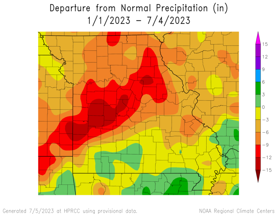 This map shows rainfall deficits in Missouri so far this year compared to the average rainfall. High Plains Regional Climate Center