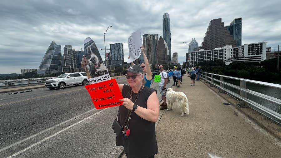 Some Austinites gathered downtown on Saturday in a peaceful sidewalk demonstration, saying “poor leadership” is leading the Austin Animal Center.. | Todd Bynum/KXAN News