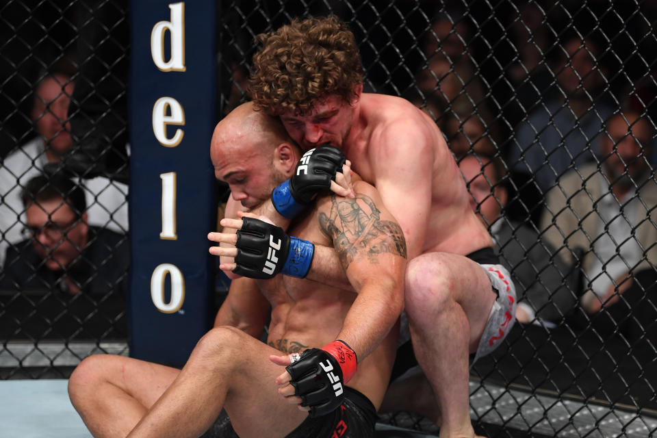 LAS VEGAS, NV - MARCH 02:  Ben Askren wrestles Robbie Lawler in their welterweight bout during the UFC 235 event at T-Mobile Arena on March 2, 2019 in Las Vegas, Nevada.  (Photo by Jeff Bottari/Zuffa LLC/Zuffa LLC)