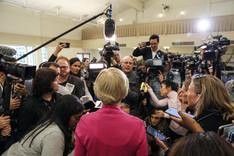 Democratic presidential candidate Sen. Elizabeth Warren, D-Mass., talks with members of the media after her campaign event Wednesday, Oct. 30, 2019, at the University of New Hampshire in Durham, N.H. (AP Photo/ Cheryl Senter)