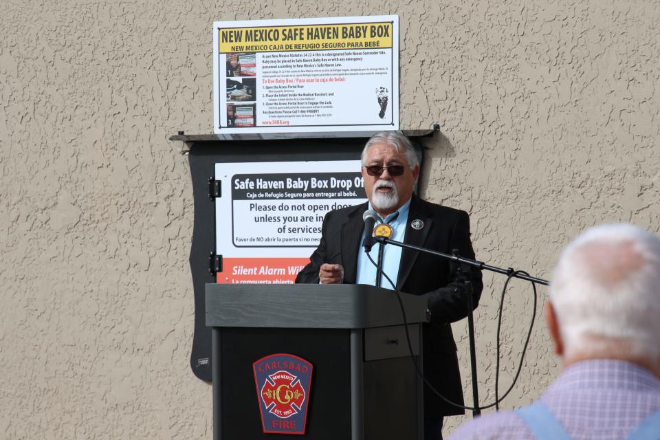 State Sen. David Gallegos (R-41) speaks before a dedication ceremony for a safe surrender baby box at Carlsbad Fire Station No. 1 on Oct. 21, 2023.