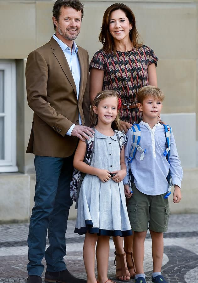 The Danish royals pose for Prince Vincent and Princess Josephine's first day of school. Photo: Australscope