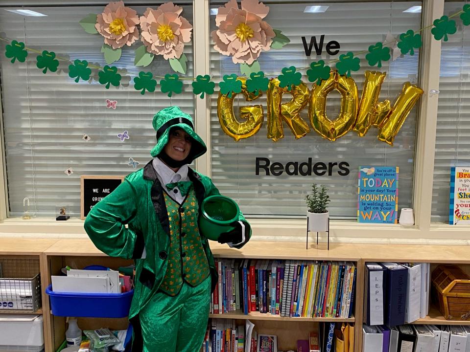 Megan Blevins dressed up like a leprechaun to get students excited about reading.