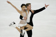 Madison Chock and Evan Bates perform during the rhythm dance program at the U.S. Figure Skating Championships, Friday, Jan. 15, 2021, in Las Vegas. (AP Photo/John Locher)