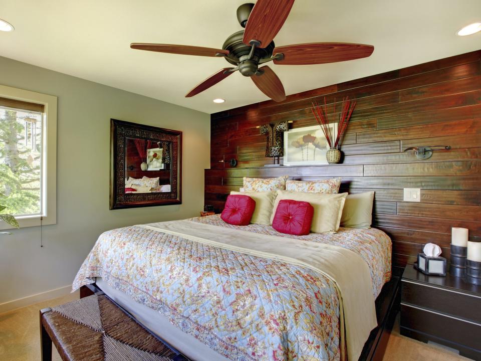 wood accent wall bedroom ceiling fan plant