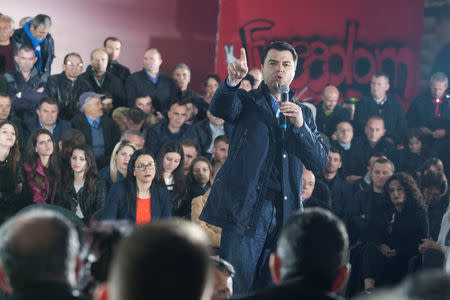 Albania's opposition Democratic Party leader Lulzim Basha speaks to his supporters during an anti-government protest in front of the office of Albanian Prime Minister Edi Rama in Tirana, Albania, March 1, 2017. REUTERS/Florion Goga