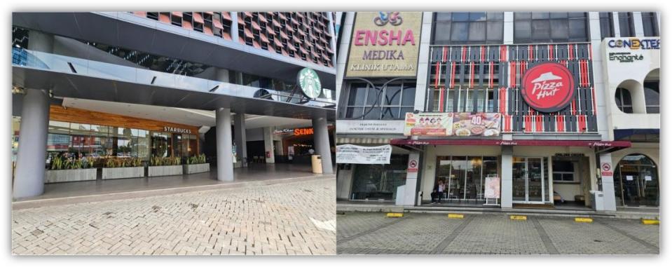 <span>Photos taken in the greater Jakarta area showing a Starbucks (left) and Pizza Hut (right) on July 9, 2024</span>