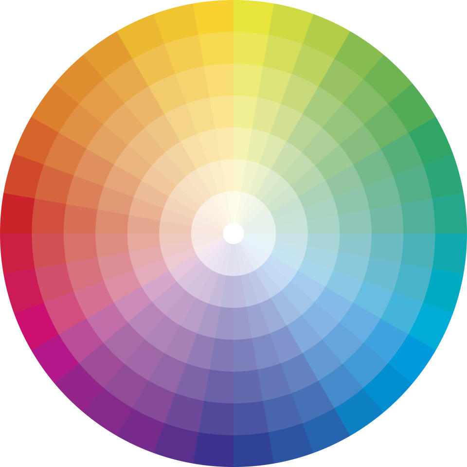 A color wheel / circle with 36 hues (rainbow colors) on a white background. The hues graduate in 7 steps to its white center.