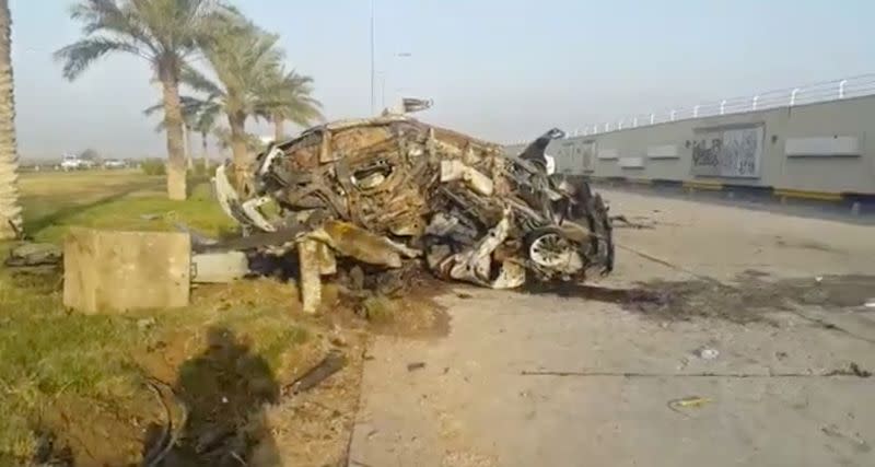 A damaged car, claimed to belong to Qassem Soleimani and Abu Mahdi al Muhandis, is seen near Baghdad International Airport