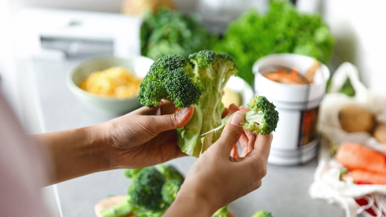 Hands separating broccoli florets