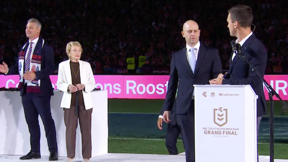 NRL CEO Todd Greenberg appears to tells James Bracey the Clive Churchill medal winner had changed. (Image: Channel Nine)