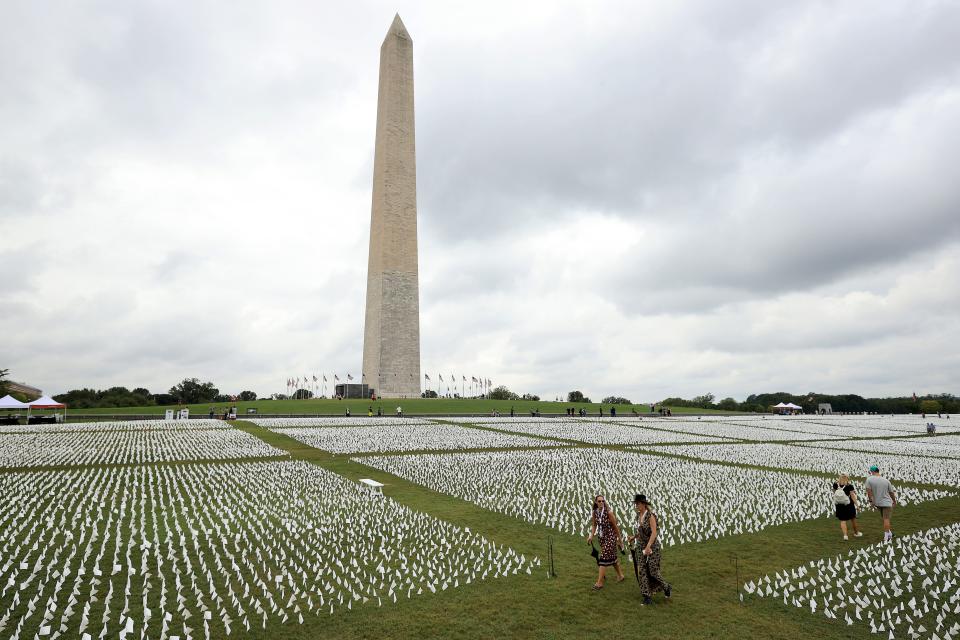 A public art installation by Suzanne Brennan Firstenberg commemorating the Americans who have died due to COVID-19 appears on the National Mall in the fall of 2021.