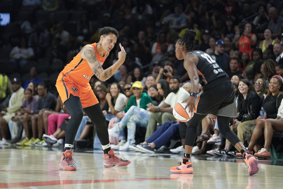 Team Stewart's Brittney Griner waves to Team Wilson's Chelsea Gray as she controls the ball during the first half of the 2023 WNBA All-Star Game at Michelob Ultra Arena in Las Vegas on July 15, 2023. (Lucas Peltier/ USA TODAY Sports)