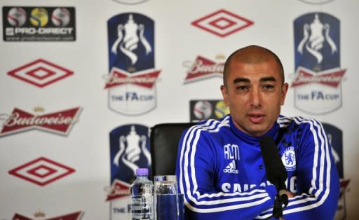 Chelsea's interim manager Roberto Di Matteo at a press conference ahead of the FA Cup football final against Liverpool on May 4. The Blues' hopes of a top-four finish were dealt a severe blow on Wednesday after a 2-0 defeat at home to Newcastle United that left Di Matteo's men four points off the Champions League places with only two games left