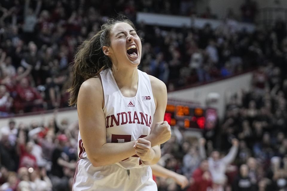 Indiana's Mackenzie Holmes reacts after making a basket and getting fouled during the second half of an NCAA college basketball game against Ohio State, Thursday, Jan. 26, 2023, in Bloomington, Ind. (AP Photo/Darron Cummings)