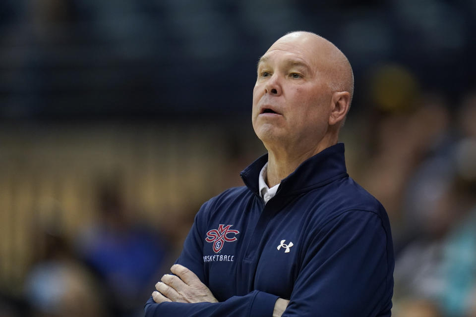 Saint Mary's head coach Randy Bennett looks on during the second half of an NCAA college basketball game against San Diego, Thursday, Feb. 16, 2023, in San Diego. (AP Photo/Gregory Bull)