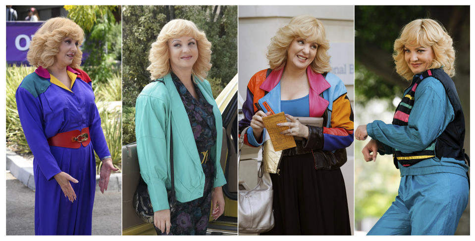 This combination of photos released by ABC shows McLendon-Covey as Beverly Goldberg in scenes from the comedy series "The Goldbergs." Costume designer Keri Smith creates the signature looks for the fictional Beverly. (ABC via AP)