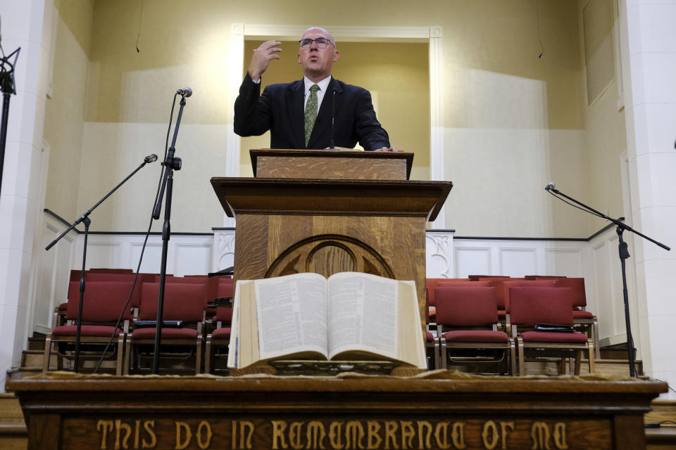 FILE - Pastor Bart Barber, president of the Southern Baptist Convention, preaches from the pulpit of the First Baptist Church of Farmersville, Texas, on Sunday, Sept. 25, 2022. “I think it is unjust, unnecessary, and unwise to include in abortion laws the prosecution of women who seek or obtain an abortion,” Barber writes in a lengthy article. “The abortionist is the murderer, and any law banning abortion should identify the abortionist uniquely as such.” (AP Photo/Audrey Jackson, File)