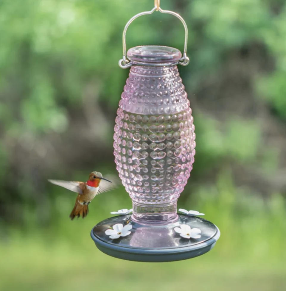 Hummingbird feeder with embossed glass and metal base with flower accents, hanging outdoors