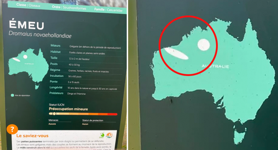 Aussies have mocked a French zoo's illustration of Australia online that claimed to show where emus are and are not found in the country. Source: Reddit. 