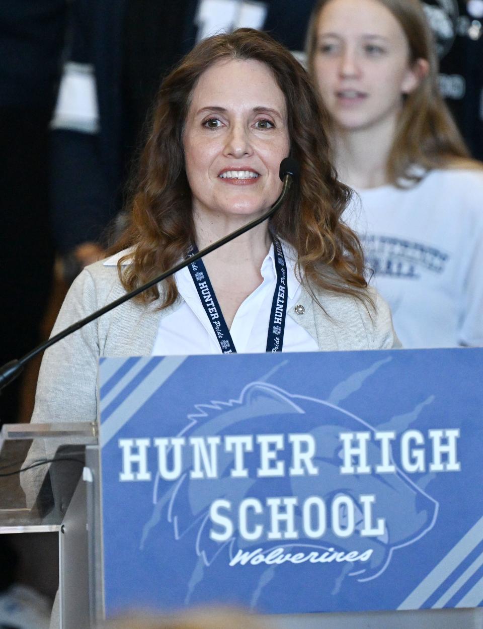 Janet Jordan, teacher, mentor and Special Education Department Chair at Hunter High School, speaks during a visit by first lady Jill Biden, U.S. Surgeon General Vivek Murthy and first lady of Utah Abby Cox to Hunter High School in West Valley City on Tuesday, Jan. 16, 2024. | Scott G Winterton, Deseret News