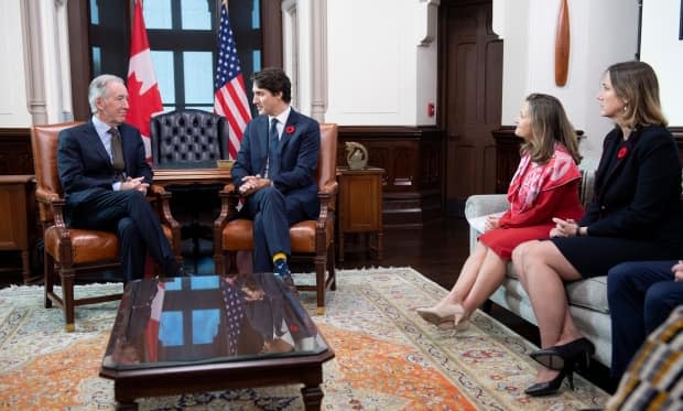 Canada's ambassador in Washington, Kirsten Hillman, far right, joined her then-minister Chrystia Freeland as Representative Richard Neal met with Prime Minister Justin Trudeau on Nov. 6, 2019. House Democrats asked Canada to agree to amendments they were making to secure Congressional approval for the renegotiated NAFTA. 