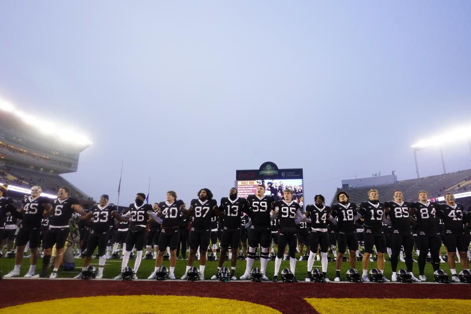 Minnesota players celebrate after a win in an NCAA college football game against Michigan State, Saturday, Oct. 28, 2023, in Minneapolis. (AP Photo/Abbie Parr)