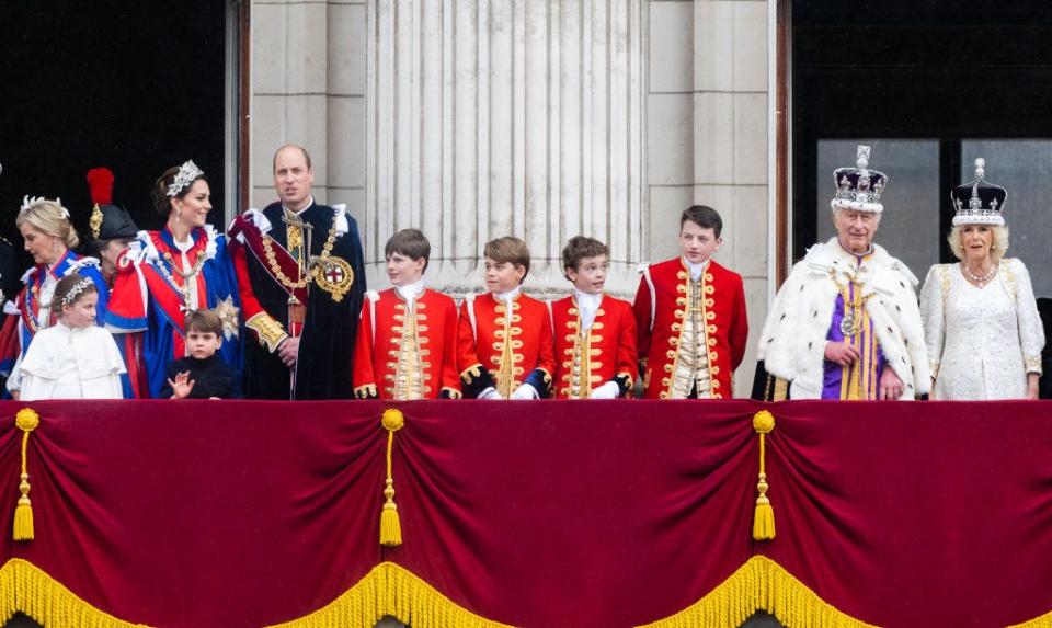 The royal family on the balcony of Buckingham Palace after King Charles' coronation