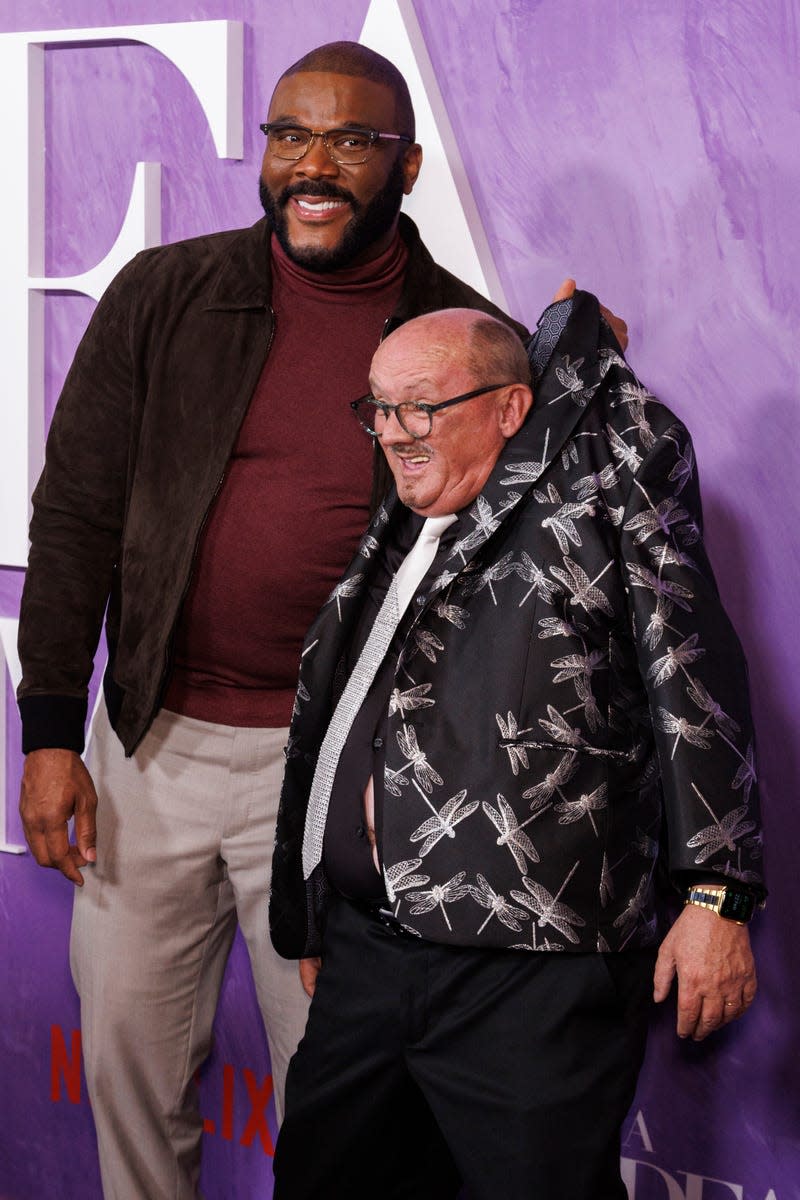 Tyler Perry, left and Brendan O’Carroll joke around as they arrive at the Los Angeles premiere of “Tyler Perry’s A Madea Homecoming” on Tuesday, Feb 22, 2022, at Regal LA Live & 4DX Cinemas.