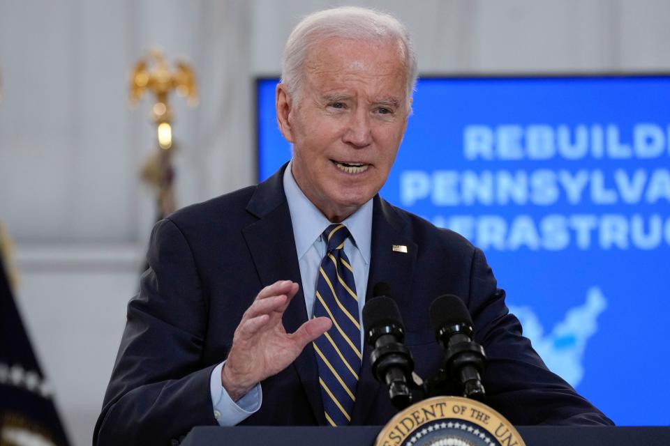 President Joe Biden speaks about the I-95 bridge collapse after an aerial tour of the site at Philadelphia International Airport in Philadelphia, Saturday, June 17, 2023.