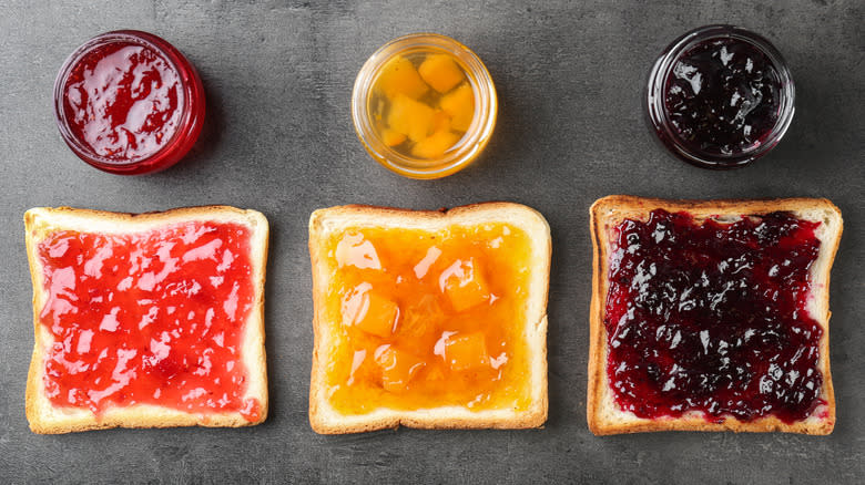 Jams on toast in row