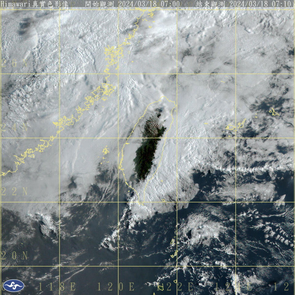 受到微弱鋒面通過與大陸冷氣團影響，今天全台天氣將逐漸轉冷，基隆北海岸、東半部、恆春半島與金門、馬祖，將有局部短暫陣雨。   圖：中央氣象署／提供