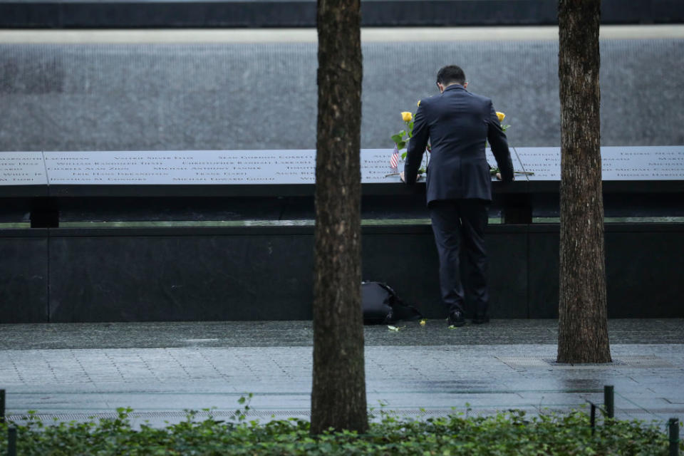 <p>NEW YORK, NY – SEPTEMBER 11: A man pauses at the north pool before the start of a commemoration ceremony for the victims of the September 11 terrorist attacks at the National September 11 Memorial,, September 11, 2018 in New York City. In New York City and throughout the United States, the country is marking the 17th anniversary of the September 11 terrorist attacks. (Photo by Drew Angerer/Getty Images) </p>