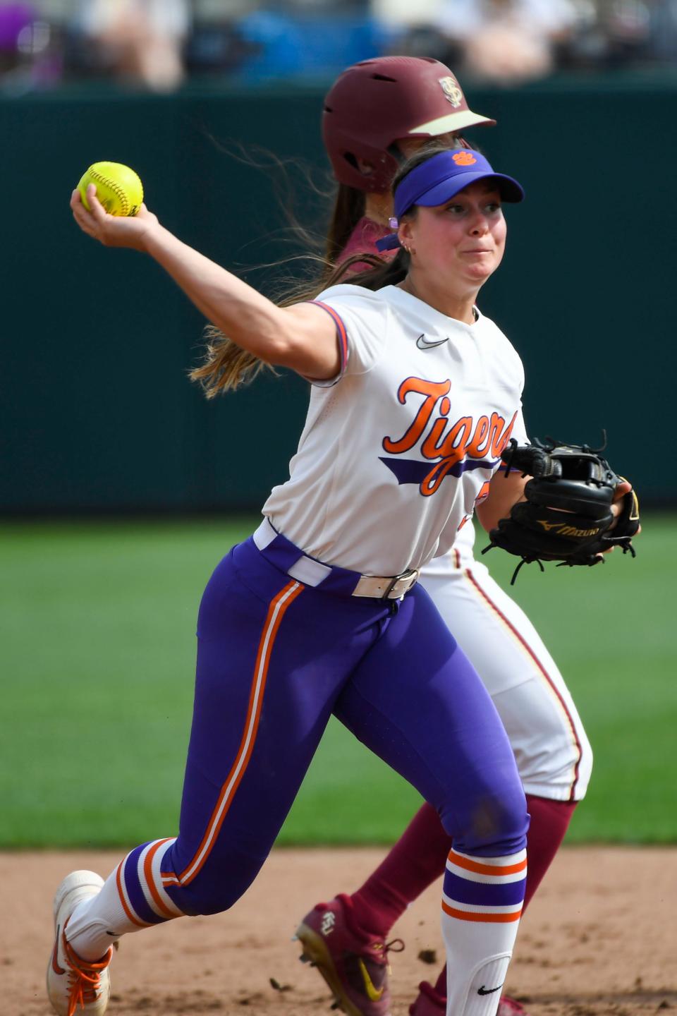 Clemson's Reedy Davenport throws to first base in an April game against Florida State.