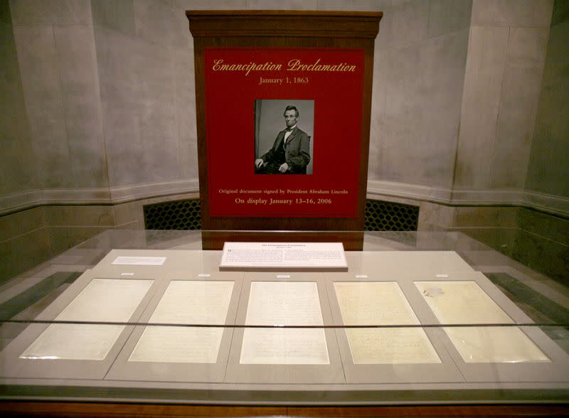 FILE PHOTO: The Emancipation Proclamation is displayed at the National Archives building in Washington