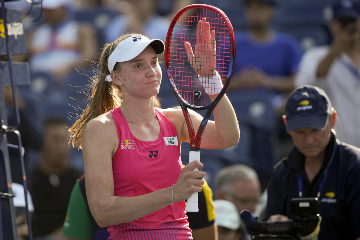 Elena Rybakina, of Kazakhstan, reacts after defeating Destanee Aiava, of Australia, during the first round of the U.S. Open tennis championships, Tuesday, Aug. 27, 2024, in New York. (AP Photo/Pamela Smith)